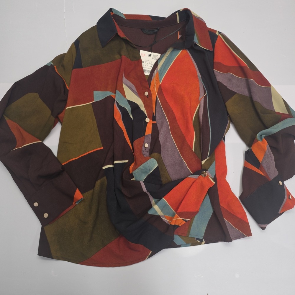 NWT Zara Women XL Abstract Geometric Print Twist Blouse Multi-Color 9058/199/330